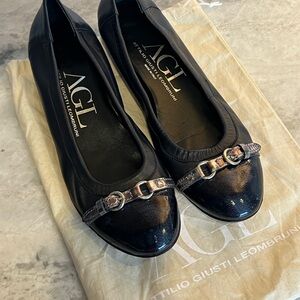 AGL Dark Navy Leather Flats with Silver Accent, dust bag included